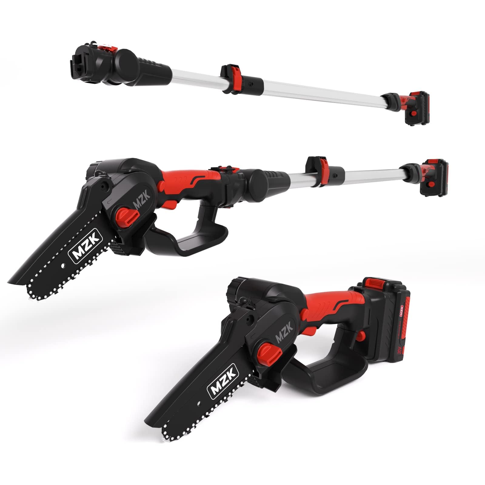 MZK 2-in-1 Cordless Pole Saw & Mini Chainsaw with 3 Replacement Chains, 20V Battery Electric Chainsaw, 11.4cm Cutting Capacity, 4m Reach Pole Saw for Tree Trimming (2 Batteries, Fast Charger Included)