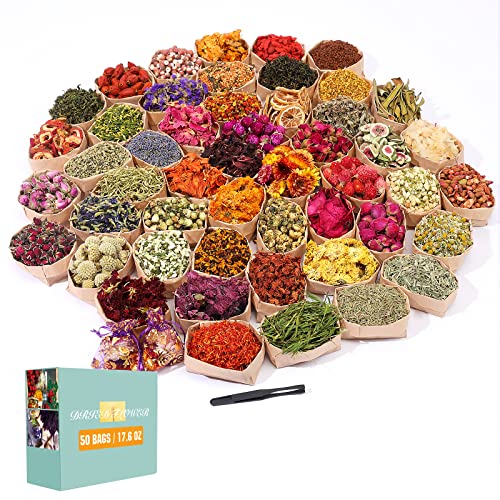 SACATR Dried Flowers 50 Bags 100% Natural Dried Herbs Kit for Soap Making Candle Resin Jewelry Making Bath Nail - Include Rose Petals Rosebuds Lilium Jasmine Dont Forget Me and More