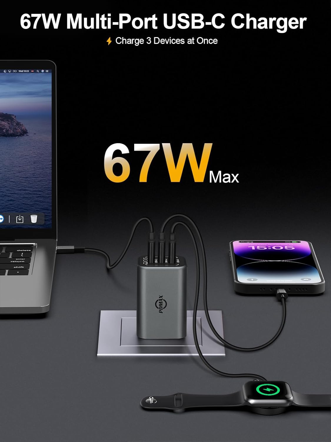 65W USB C Charger Block, 3-Port Wall Charger with Foldable Plug for iPhone 16 Pro Max Fast Charging (15V 3A), Supports 45W Samsung Super Fast Charging 2.0, Compatible with MacBook