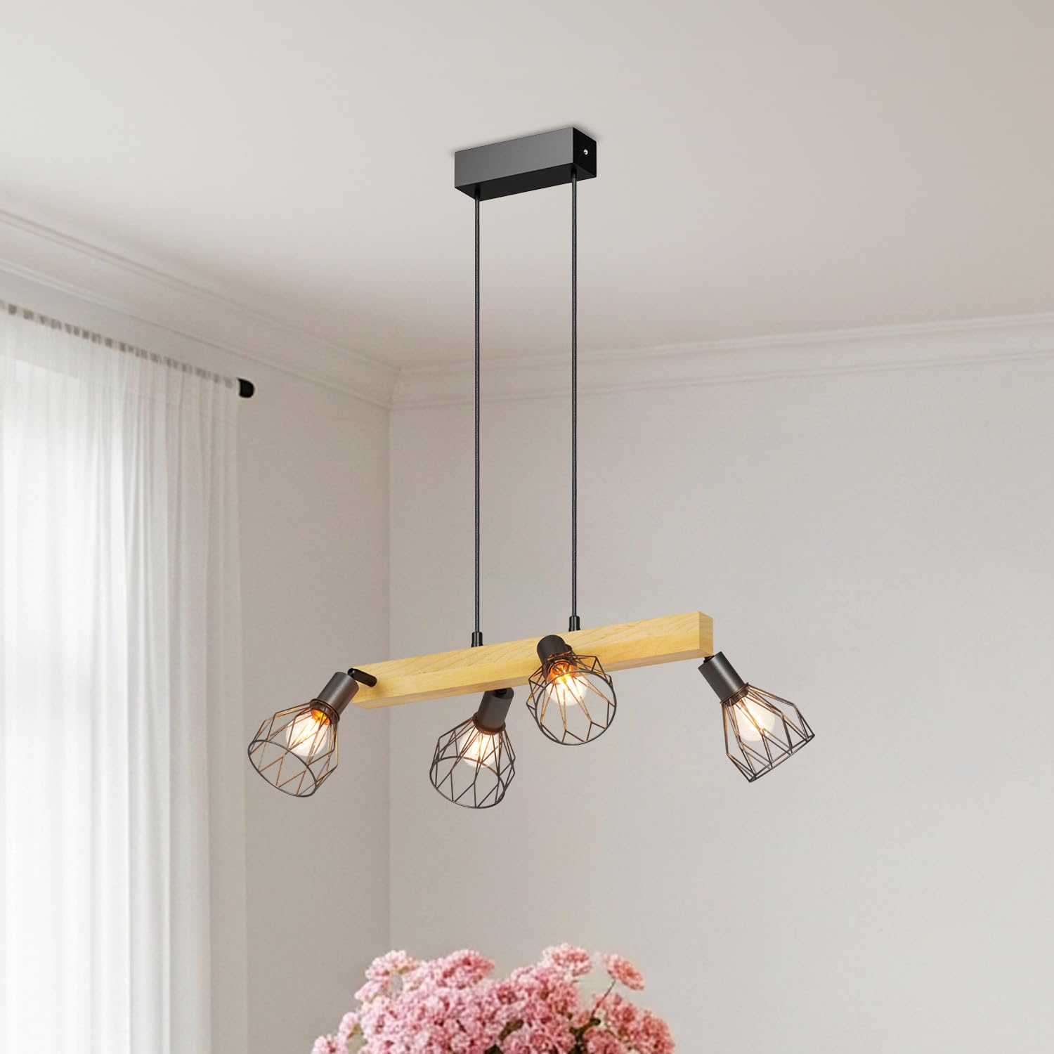 LVWIT Black Hanging Lights,Kitchen Island Lights,Pendant Lighting,Wood Ceiling Light Fitting,4 Way Drop Lights Ceiling,Spotlights Ceiling Lights for Dining Room(E14 Base,NO Bulbs)