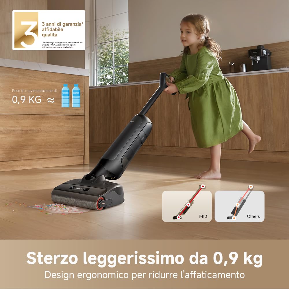 Mova M10 Aspirapolvere e Lavapavimenti Senza Fili,18 KPa, Design piatto 180°, Rotazione 90°, Pulizia Spazzola 75 °C, Asciugatura Aria Calda 5 Min, Antigroviglio, Doppia Rotazione Spazzola, 0,9 KG