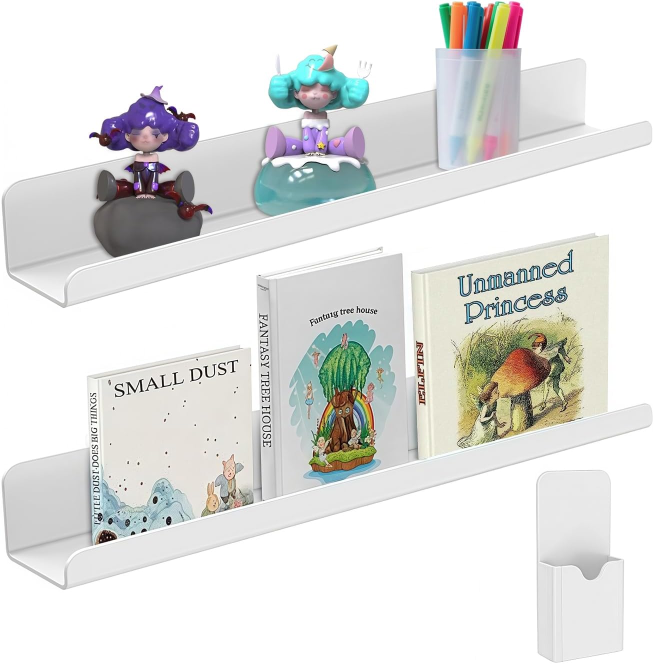 2 Pack Strong Magnetic Book Shelf for Whiteboard, Modern White Acrylic Holder with Versatile Organizer for Classroom, Kitchen, or Office, Easy Install