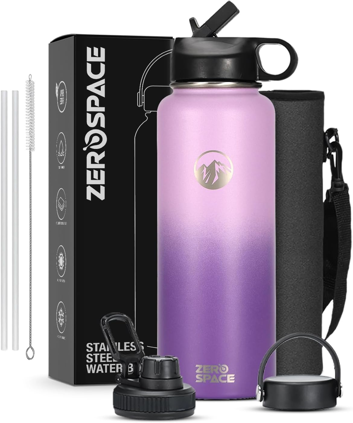 ZeroSpace Stainless Steel Water Bottle, 1200ml Insulated Water Bottle with Straw & Brush, BPA-Free Double Wall Vacuum Thermos Flask for Hot & Cold Drinks, Gym, Travel, Office & Kids (Orchid/Purple)