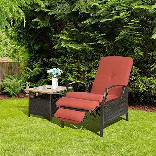 Alimorden Patio Wicker Adjustable Recliner Chair, Steel Frame Rattan Sofa With Thick Removable Cushion, Outdoor Relaxing Lounge Chair For Porch, Backyard, Garden, Water Resistant, Red #TOP4