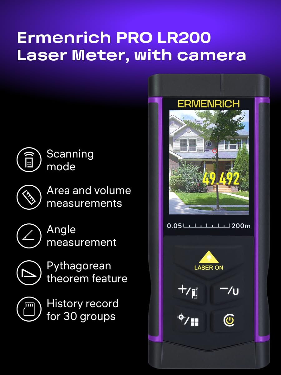 Télémètre Laser Ermenrich Pro LR200 Mètre Laser Numérique avec Caméra | Écran LCD Rétroéclairé, Mesure Distance, Surface, Volume et Angle, Fonction Pythagore, pour Intérieur et Extérieur