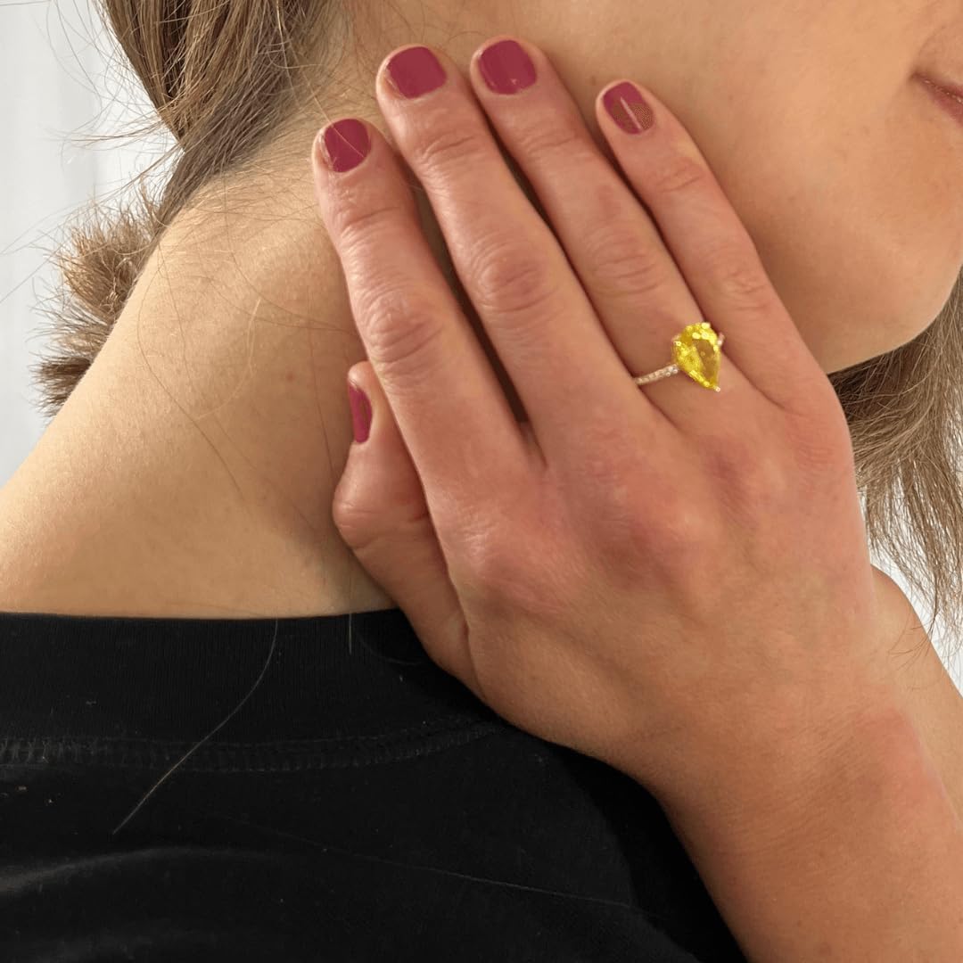 Fine Color Jewels Lab Grown Canary Yellow Sapphire Pear Shaped Solitaire Ring in 18 kt Yellow Gold Plated Sterling Silver