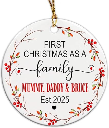 Adorno de cerámica personalizado para la primera Navidad como una familia de tres 2023, adorno de Navidad personalizado para la primera Navidad como