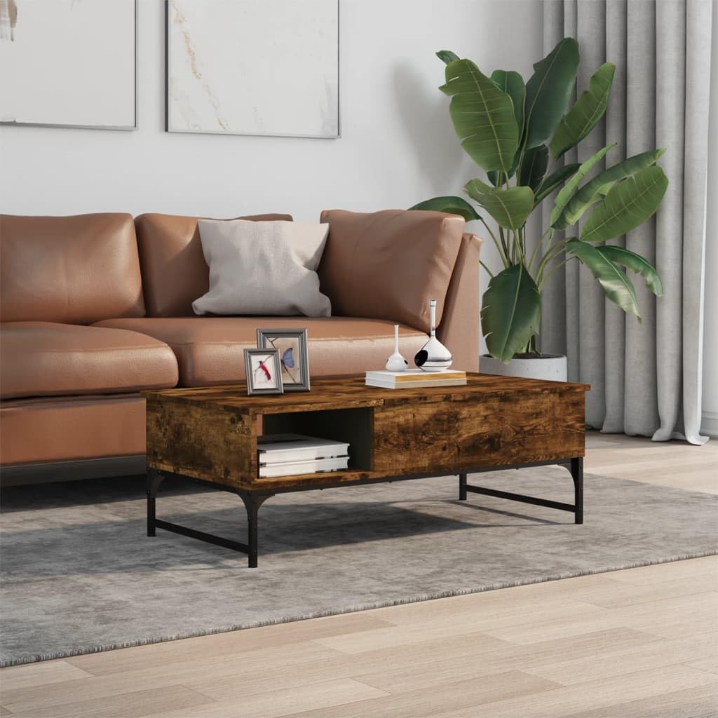 Homgoday Table basse en chêne fumé 100 x 50 x 35 cm en bois d'ingénierie et métal, table d'appoint pour salon, salle de réception d'invités, chambre à coucher et mobilier de bureau