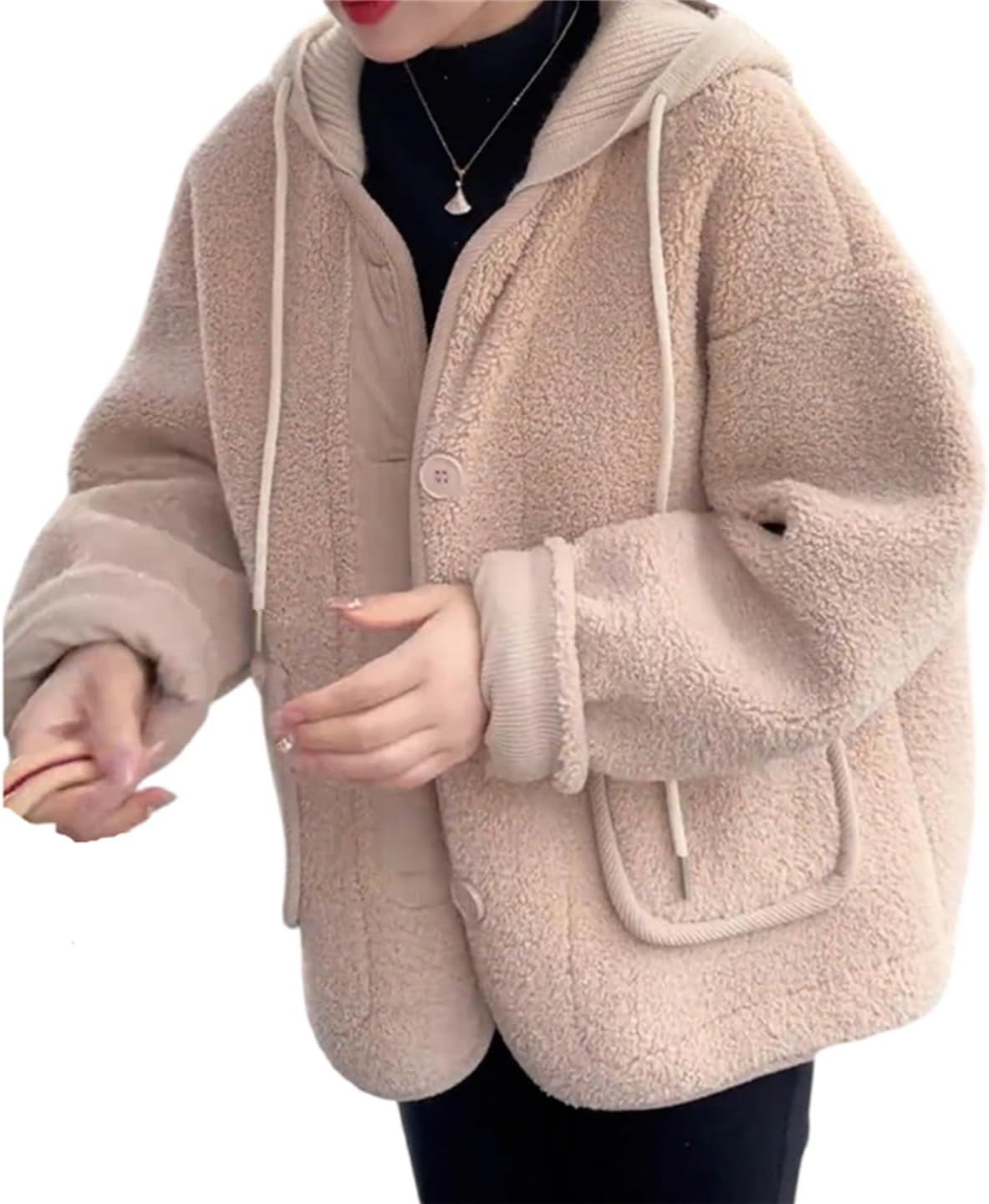 Women's Fashion Winter Coat Casual Button Down Fleece Coat Lapel Jacket Cute Sherpa Hoodies Overcoat With Pockets