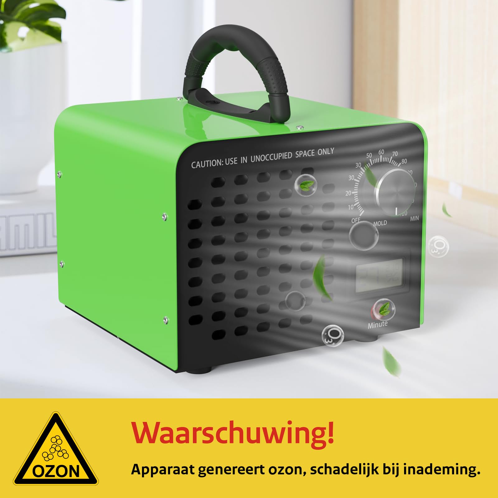 FREEUP Generatore di ozono 60.000 mg/h, Portatile Ozonizzatore per Ambienti Abitazioni Auto Casa Uffici Hotel, con Indicatore di Temperatura e Umidità, Timer 120 min, Max 400 m², Verde