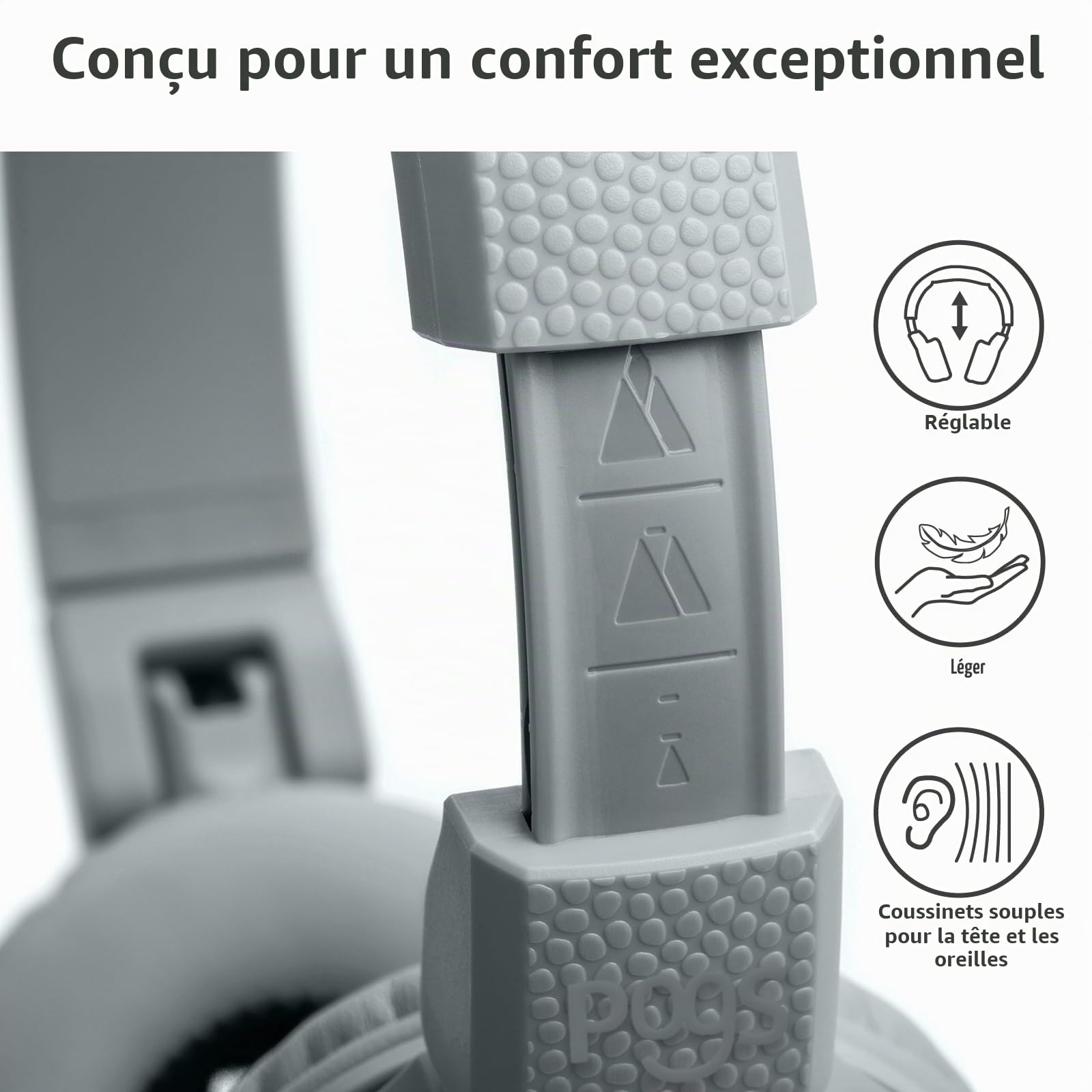 POGS Casque d'écoute Bluetooth sans Fil Kids | Le Gecko 2 | Casque réglable et Durable pour Enfants de 3 Ans et Plus | Volume limité à 85 DB | Microphone | Fonction de Partage de Musique (rGris)