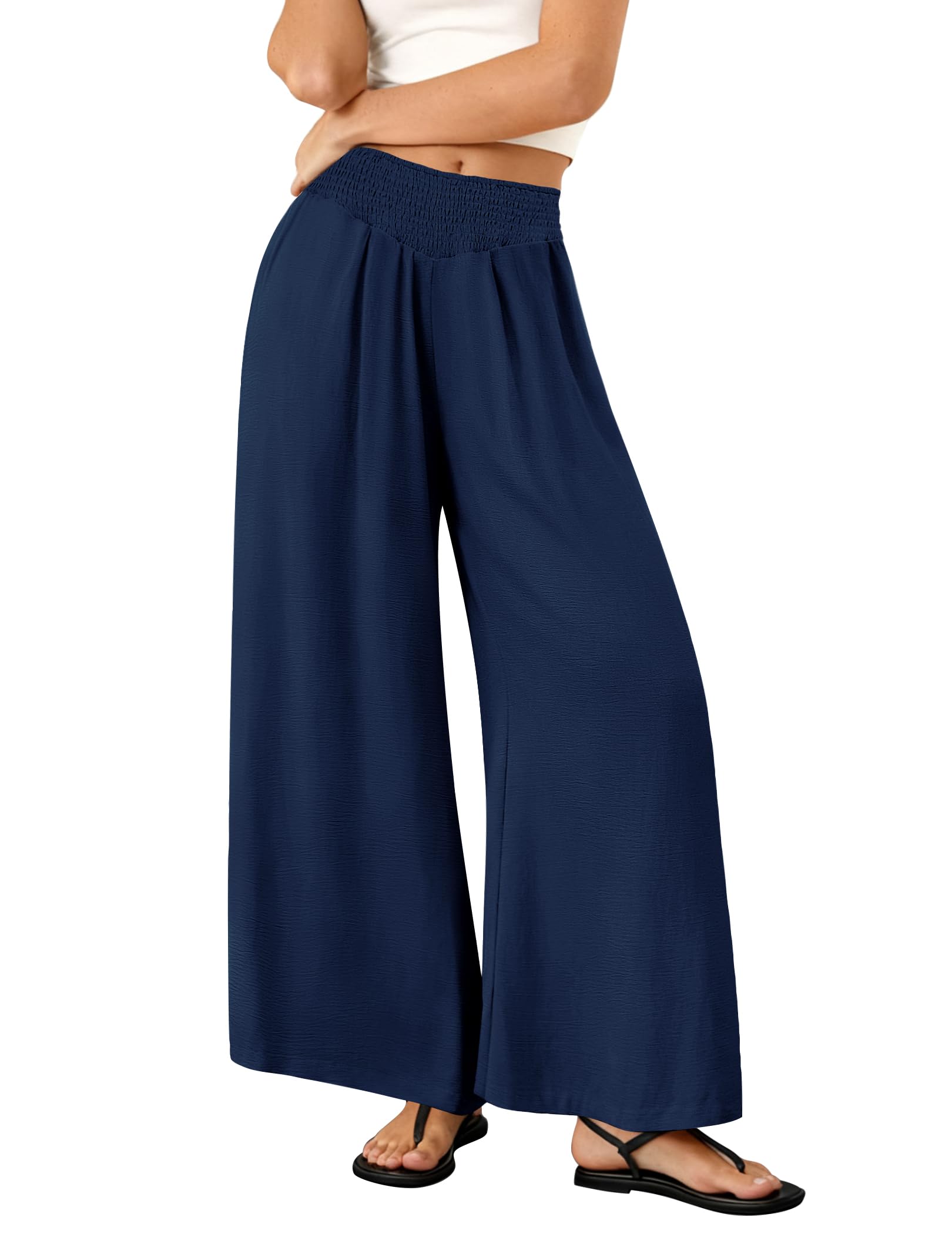 Womens High Waist Travel Flowy Palazzo Casual Smock Baggy Trouser