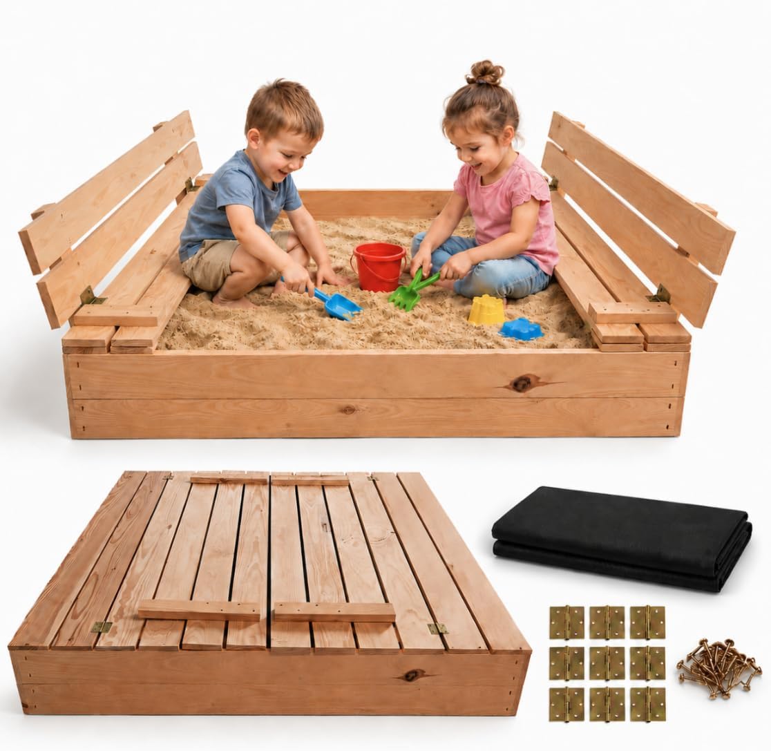 VELORA H&L Arenero Infantil de Madera con Tapa y 2 Bancos 120 x 120 cm – Caja de Arena 2 en 1 para Niños, Jardín y Exterior, Tela de Fondo Incluida