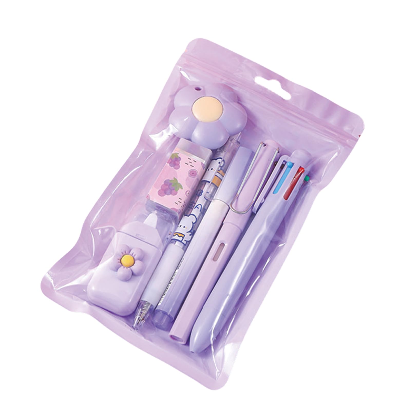 7 Pcs Cute Purple Stationery Set Kawaii School Supplies Office Supplies Including Ballpoint Pens Pencil Sharpener Highlighter Correction Tape Ruler Utility Knife (Purple)