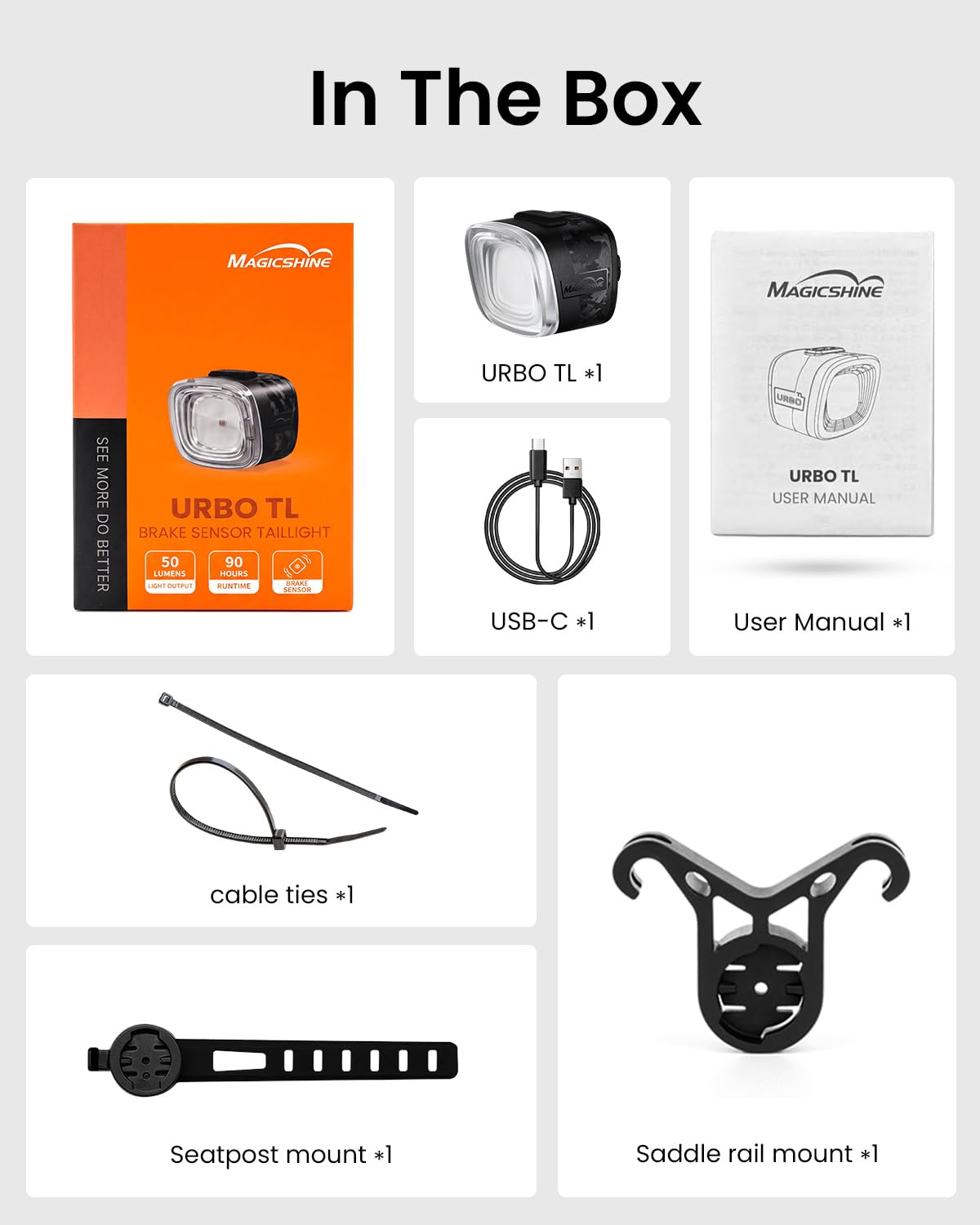 Magicshine URBO TL Feu arrière de vélo avec USB C Rechargeable, 50 lumens, étanche IPX6, Feux arrière pour vélo de Nuit, Feux arrière intelligents pour vélo de sécurité