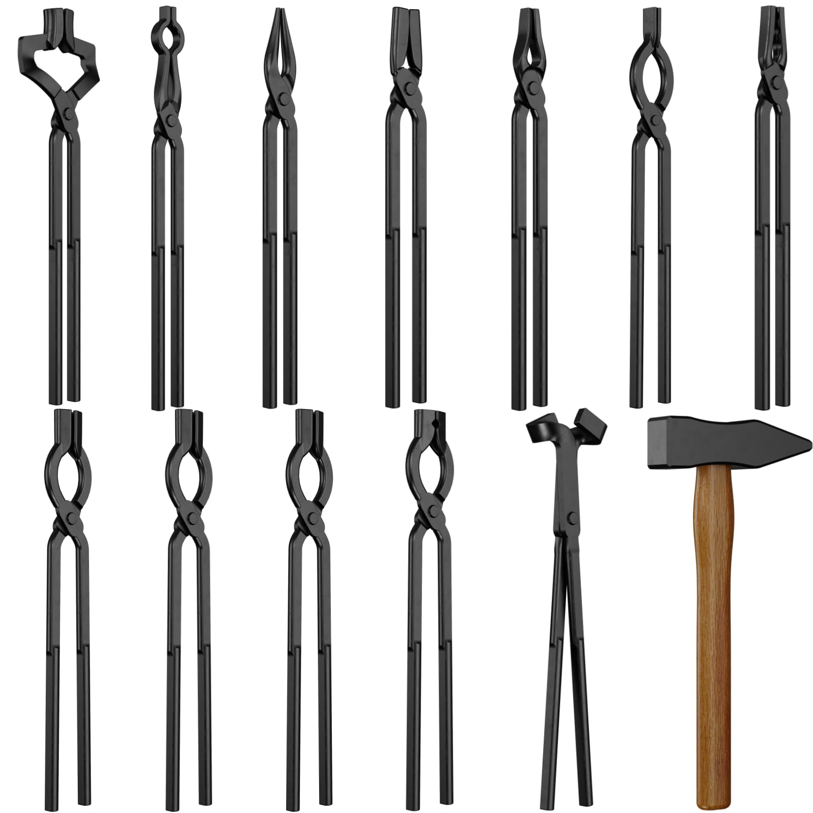 Blacksmith Tongs Set, 17 Inch Carbon Steel Forging Tongs, 13-Piece Professional Blacksmithing Tools for Beginners and Expert Craftsmen