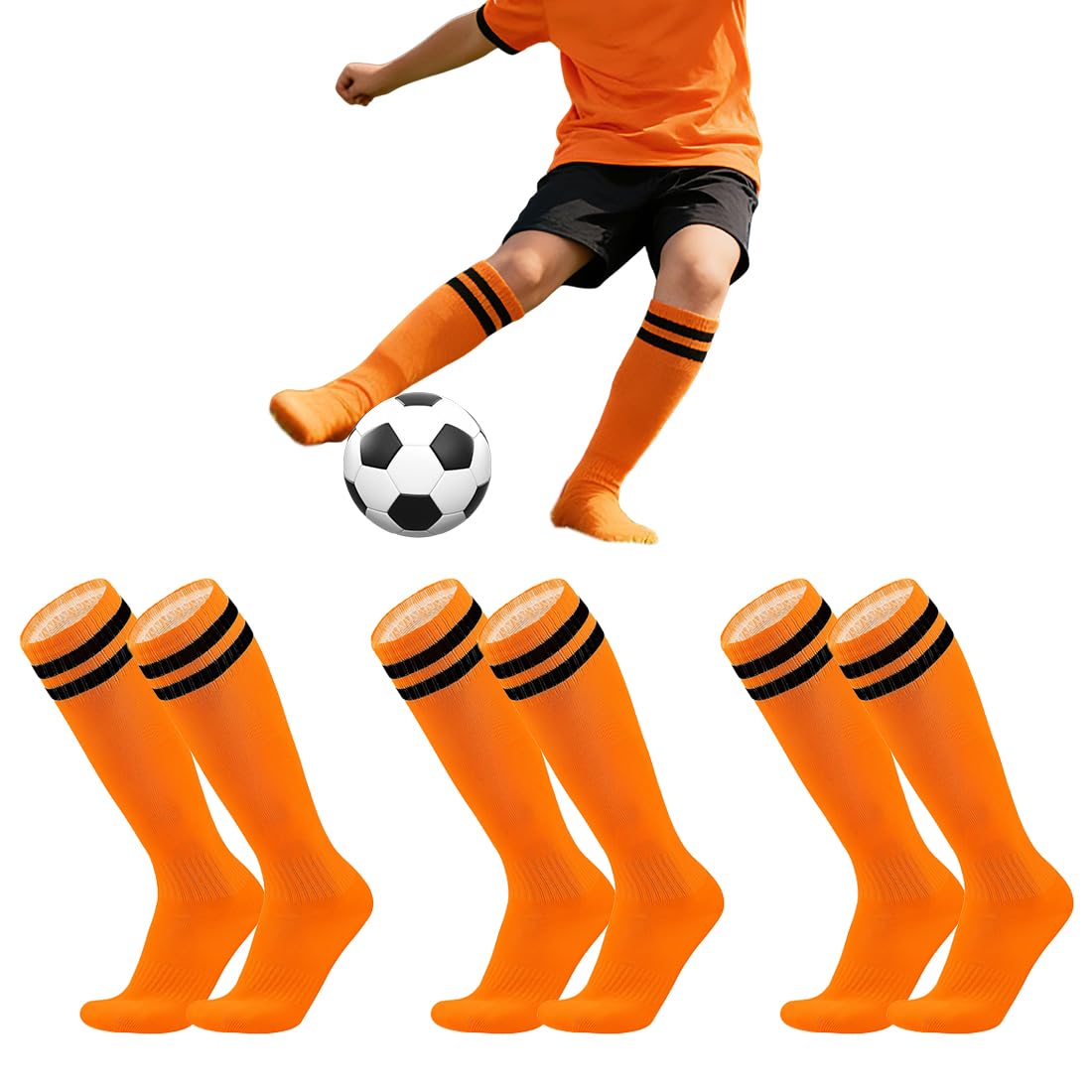 3 Paires Chaussette Foot Enfant Chaussettes De Sport Garçon Chaussettes De Football Antidérapantes Pour Entraînement Au Football Course Sport 26-34 Orange