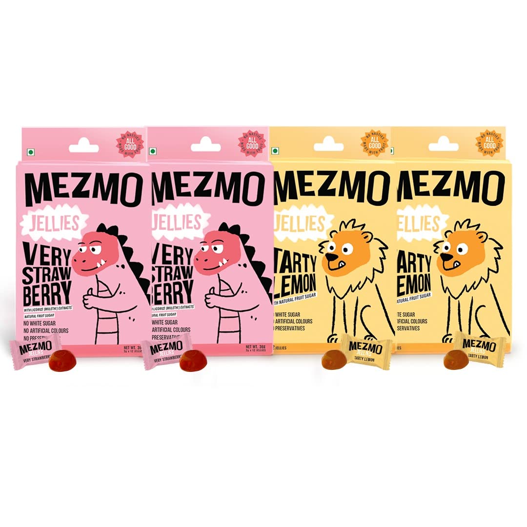 MEZMO soft jelly healthy n yummy candy with natural fruit sugar 160gms 48 jellies (Pack of 4) - Very Strawberry & Tarty Lemon