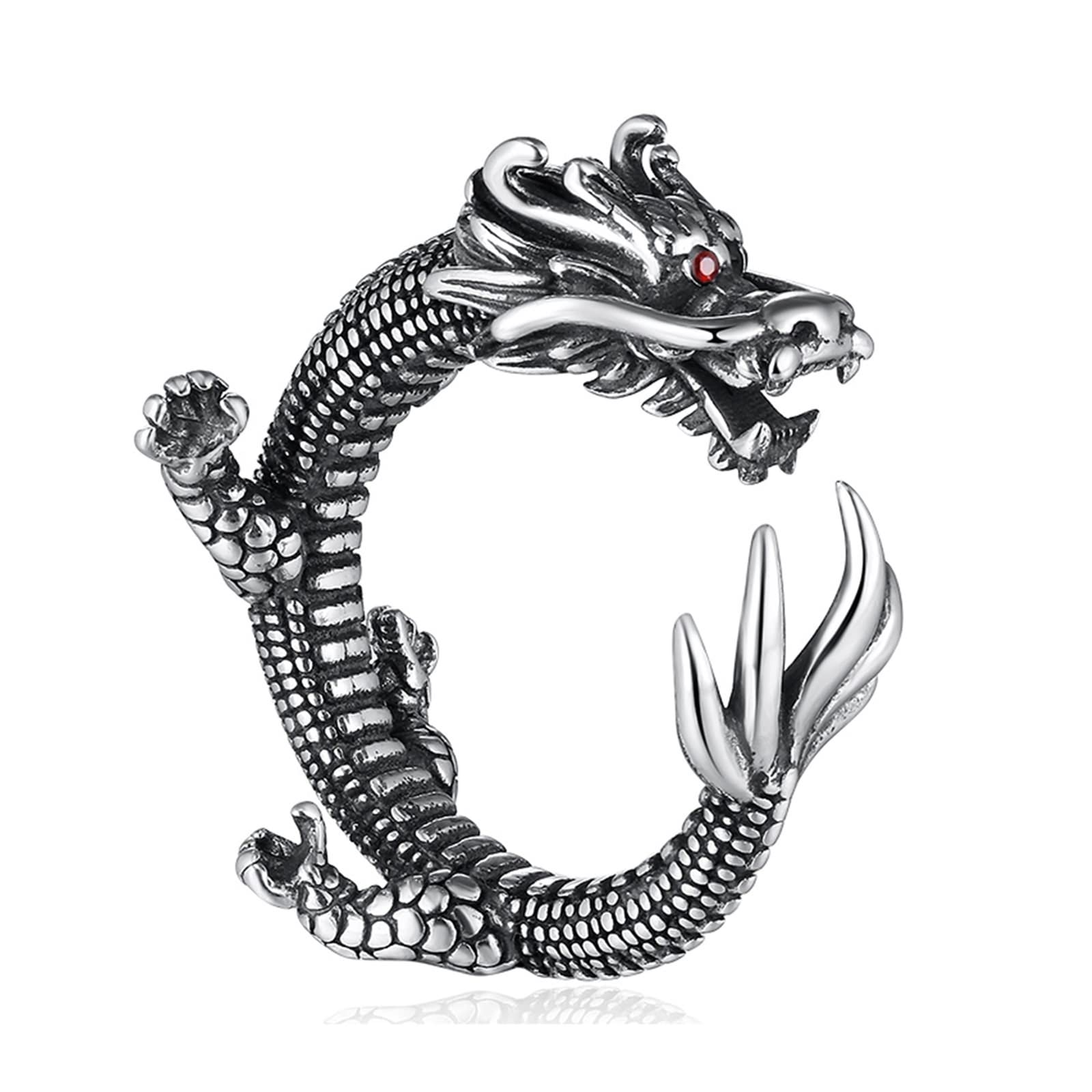 Anillos de acero inoxidable ajustables, anillo de compromiso de plata para él, dragón chino con ojos rojos, tamaño O 1/2-T 1/2, O 1/2-T 1/2, Sin piedras preciosas