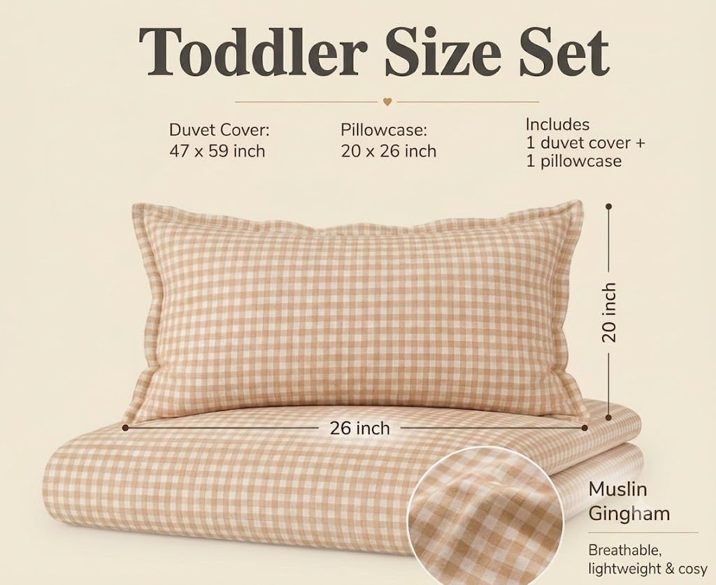 TISU Toddler Crib Duvet Cover Sized 47 x 59 inch Gingham Patterned Soft Muslin Double Gauze Bedding Boy Girl Nursery Kids Sheet Bedsheets (Beige Gingham/Toddler)