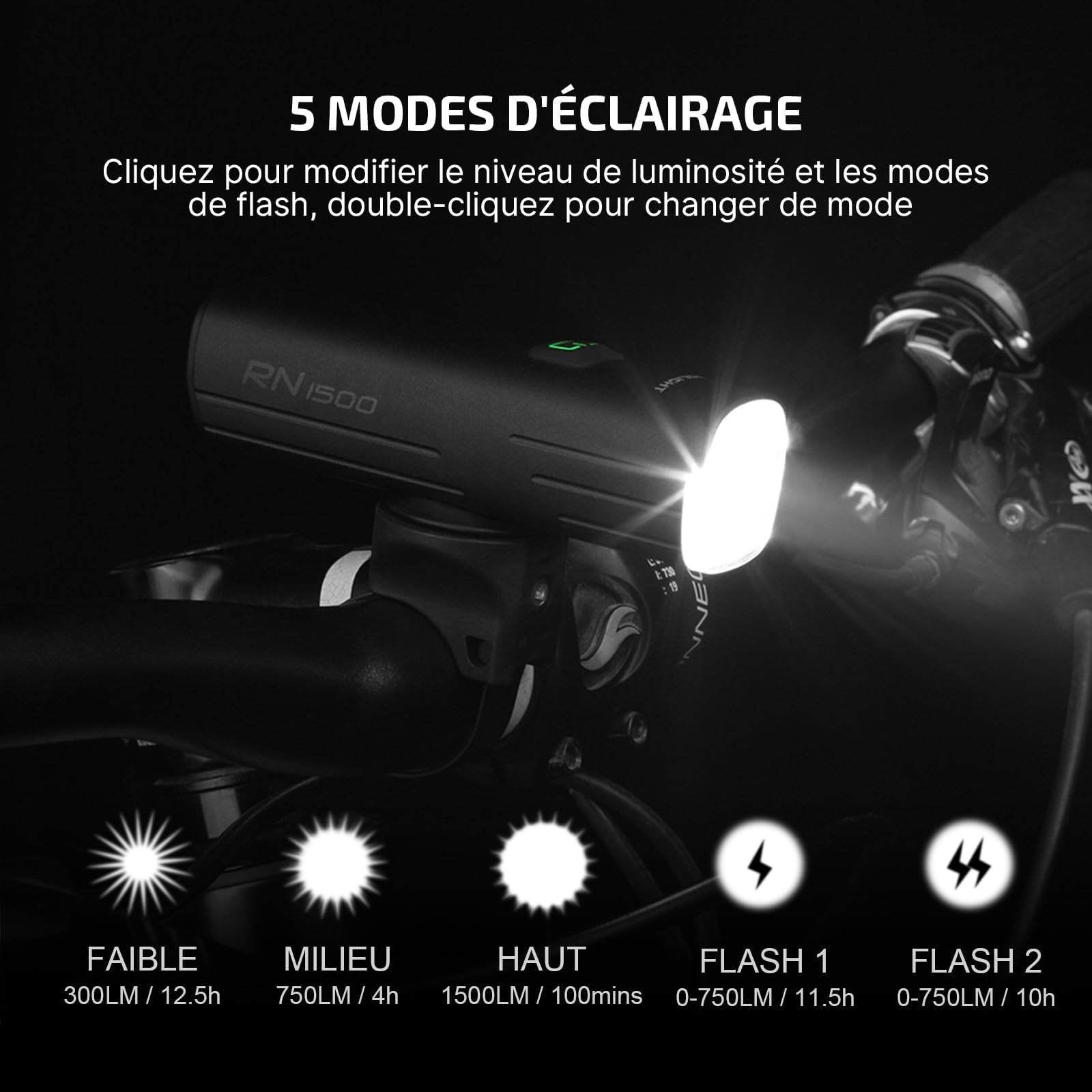 OLIGHT Ensemble de Lampes pour Cyclistes, RN 1500 Phares de Vélo Rechargeables 1500 Lumens Faisceau Anti Éblouissant Bundle Seemee 30C Feu arrière LED 30 Lumens Visibilité à 230 Degrés