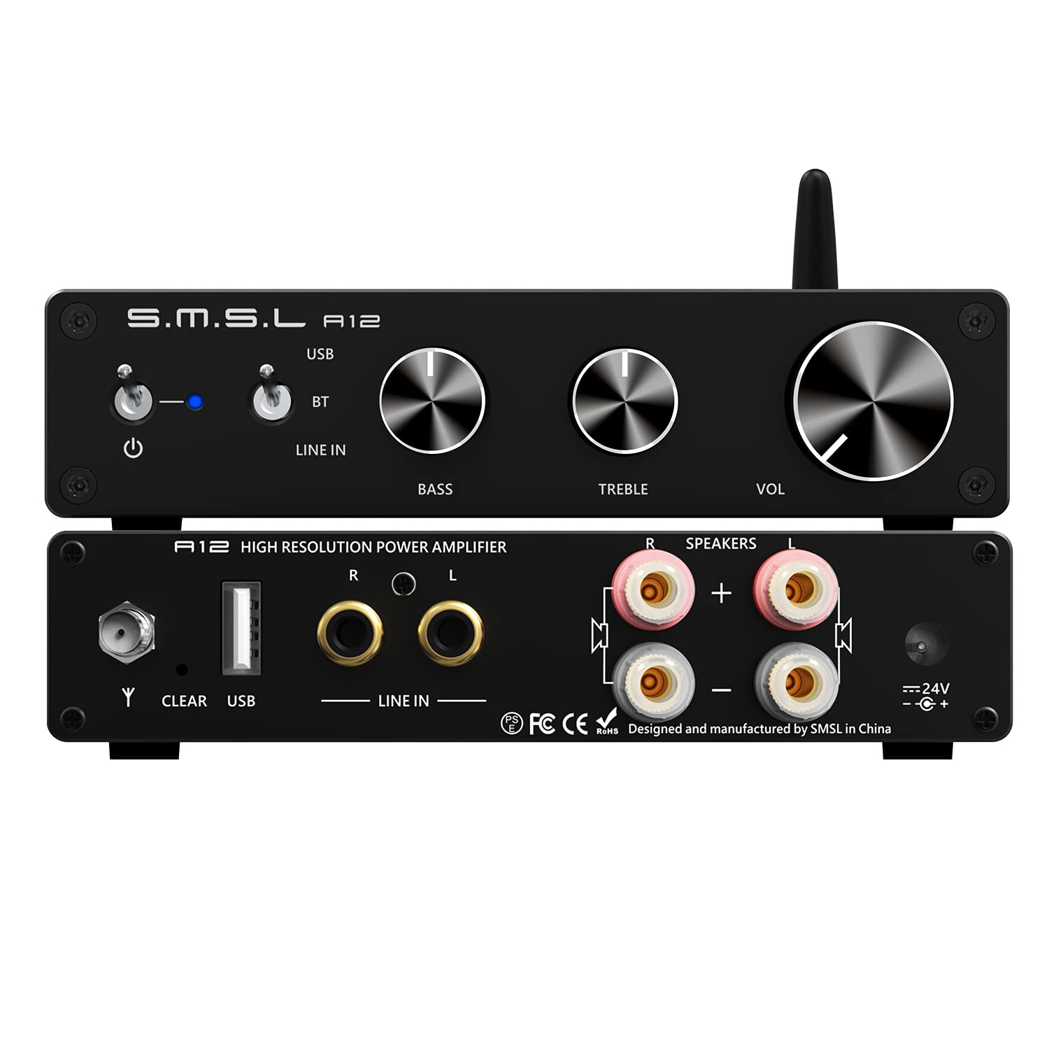SMSL A12 Stereo Audio Amplifier Bluetooth 5.0 Class D Power Amp Receiver for Home Speakers with Bass