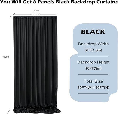 Miniatura 7 de Cortina de telón de fondo negro sin arrugas de 30 x 10 pies para fiestas, 6 paneles de poliéster sedoso negro cortinas de boda para telón de fondo