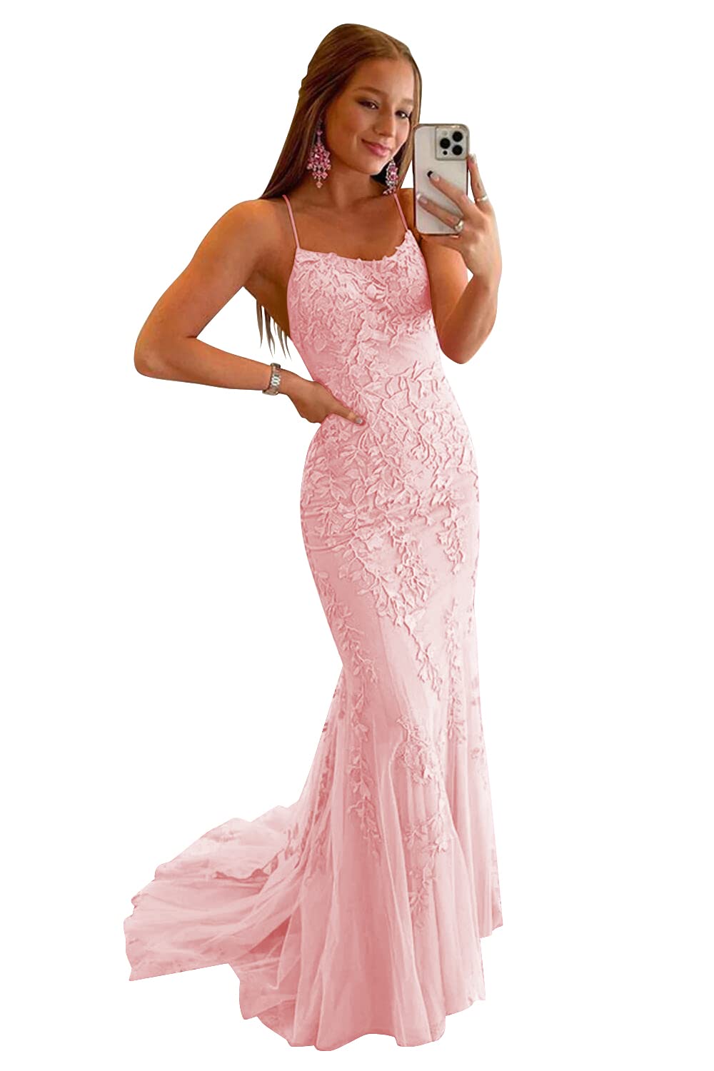 Clothfun Women's Long Lace Prom Dresses Mermaid Spaghetti Straps Backless Formal Evening Gowns