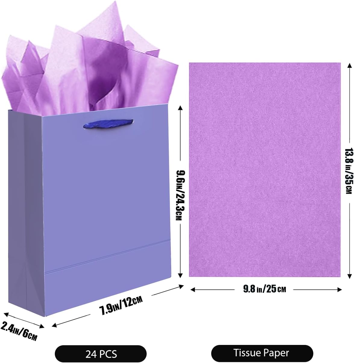 qiqee 24pcs Violet Gift Bags with Tissue Paper for Wedding, Birthday, Party Supplies-7.9"x4.3"x9.6" Medium Size Cardboard Gift Bags（24pcs Bags + Tissue Paper ）