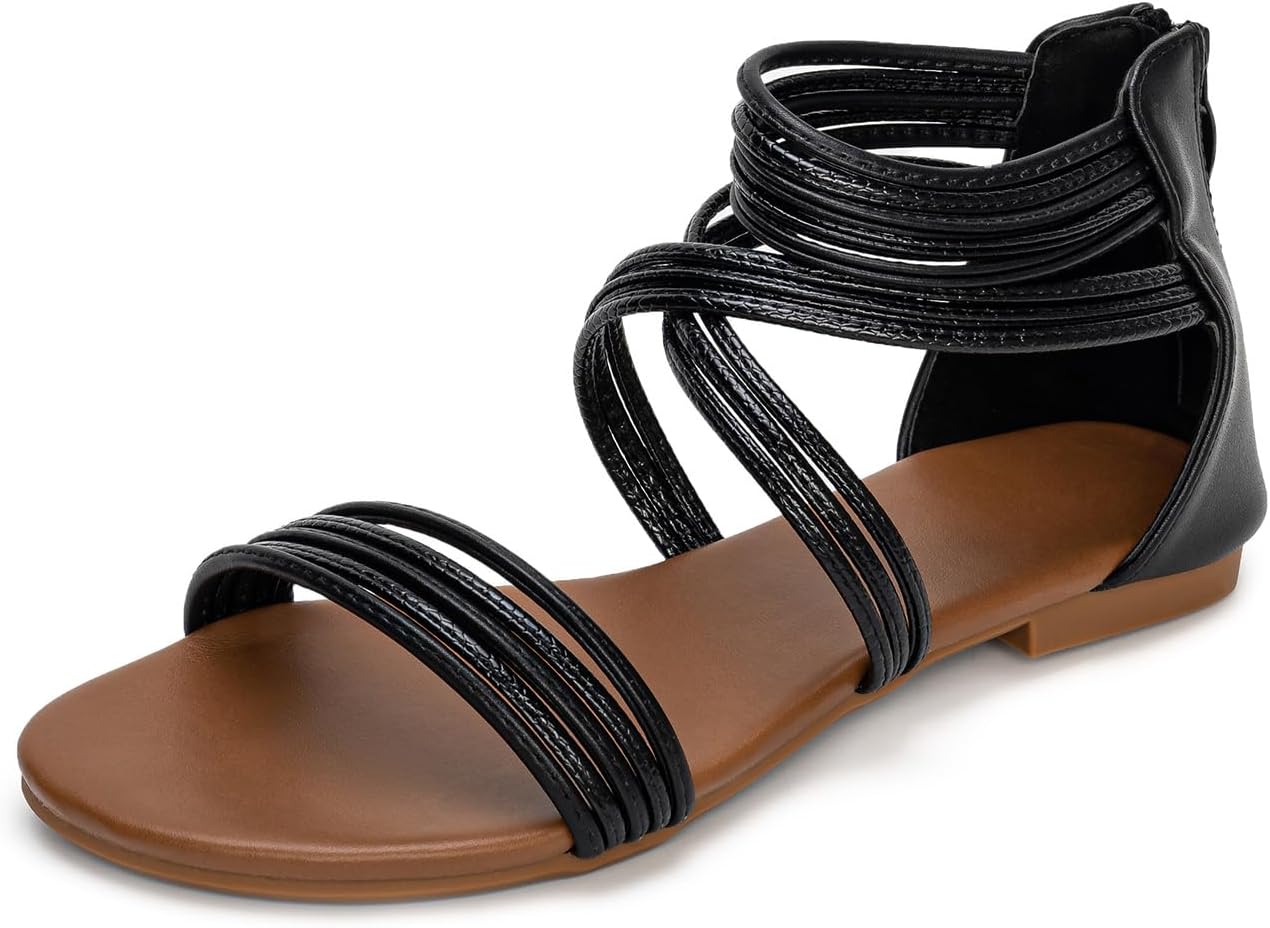 Gladiator Sandals for Women Dressy Open Toe Straps Buckle Zipper Flat Women Summer Shoes Casual Dress