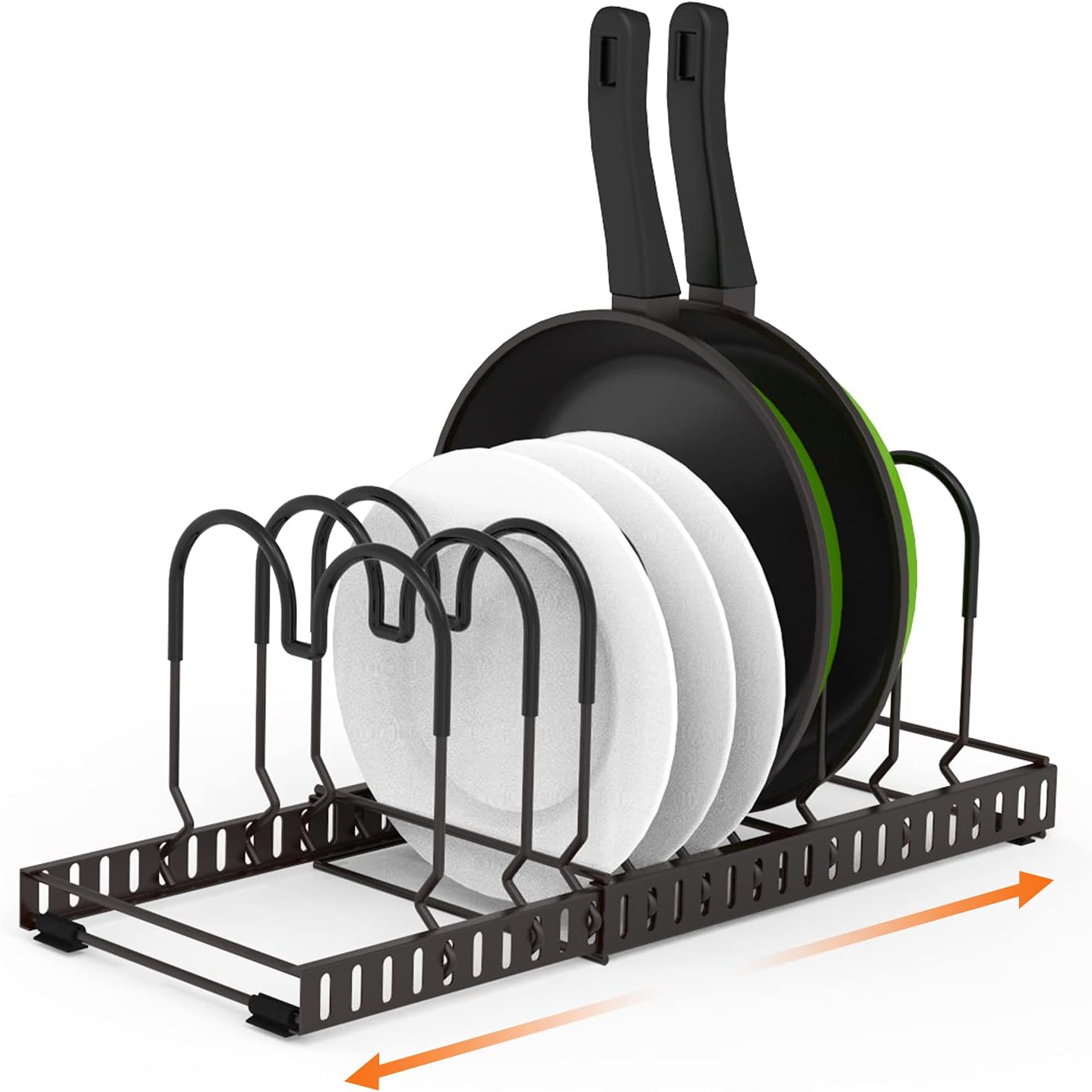 HonTop Expandable Pots and Pans Lids Organizer Holder Racks with 12 Scratch-Resistant Adjustable Compartments for Pot Lid Cutting Boards Plate Holder Storage Inside Cabinet, Black
