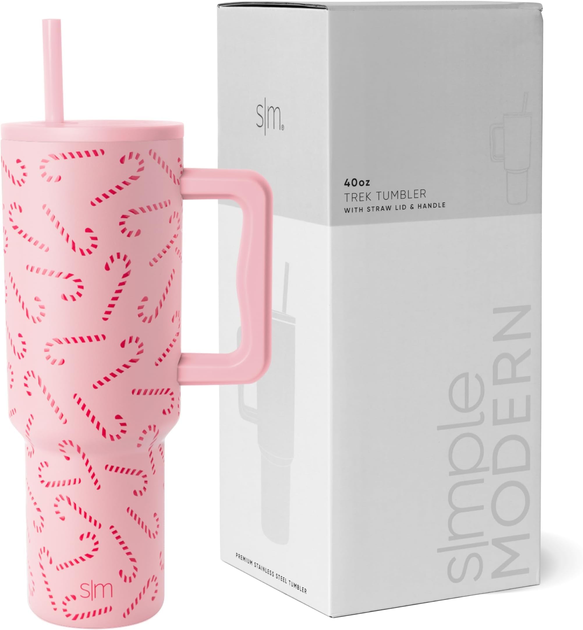 Simple Modern 40 oz Trek Tumbler with Handle and Straw Lid | Cup Holder Friendly Insulated Stainless Steel Travel Mug | Pink Candy Cane Toss (Pack of 12)