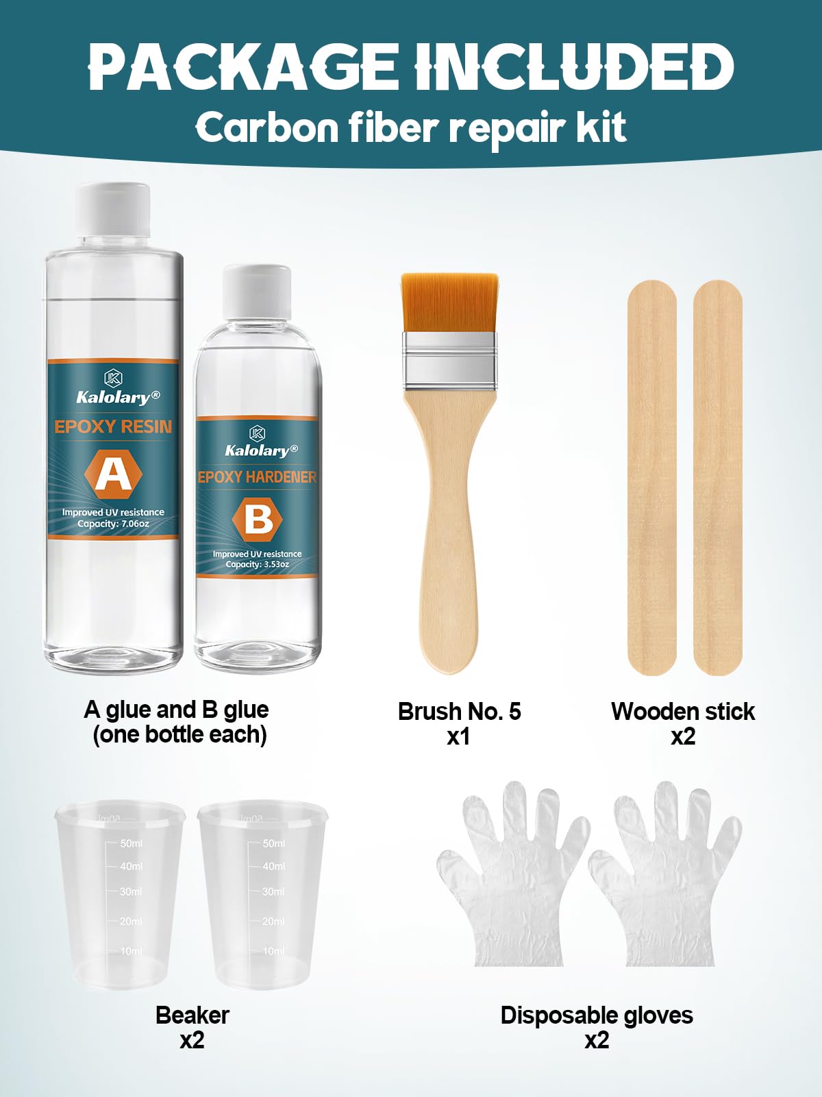 Kalolary 8PCS Kit de Réparation Fibre de Carbone, Résine Époxy 200g, Durcisseur 100g, Gobelets Doseurs, Bâtonnets de Mélange, Gants et Pinceau pour Réparations DIY Auto, Meubles, Vélos et Bateaux