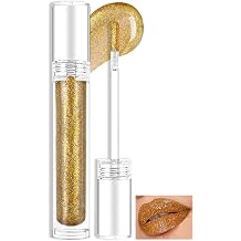 Prreal Glitter Lip Gloss Shimmer Lip Plumper Gloss Holographic Glitter Liquid Lipstick Diamond Pearl Shine Lip Glaze Non-Sticky Long Lasting Chameleon Laser Lip Eyeshadow Makeup 05 Golden