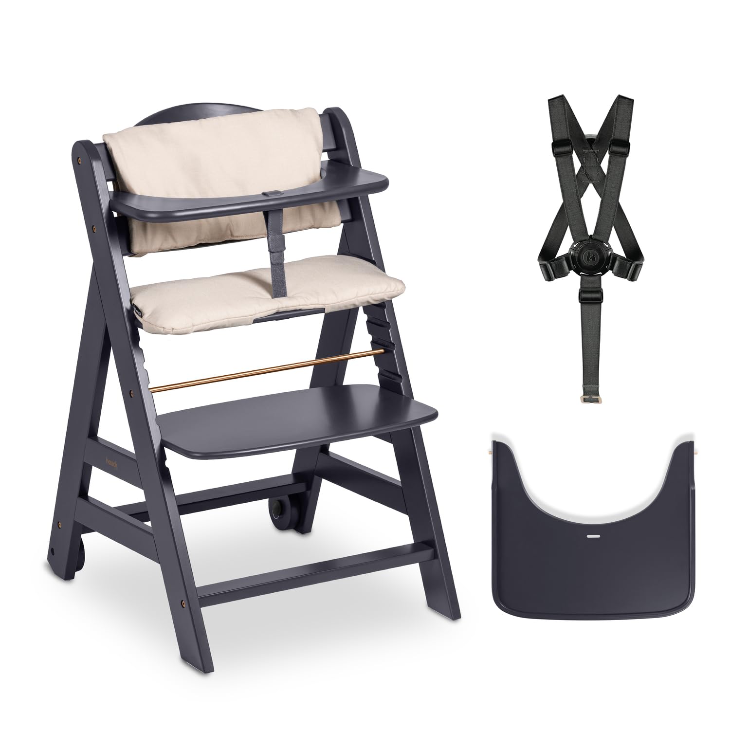 hauck Beta+, Dark Grey - Mitwachsendes Kinderhochstuhl Set ab 6 Monaten bis 90 kg mit Rädern, Sitzkissen, Großes Essbrett, Kleiner Schutzbügel, 5 Punkt Gurt Sicherheitsgurt & Schrittgurt