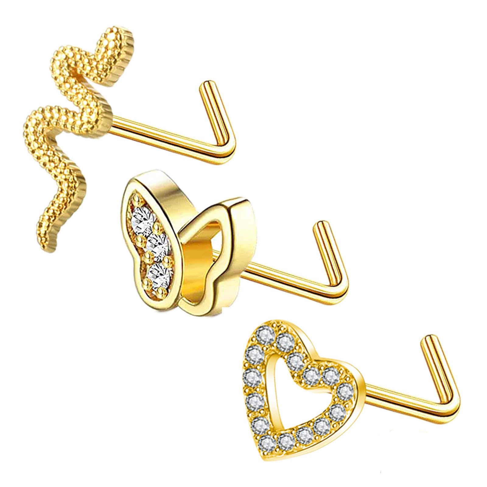 Gojewen3 piezas Nariz Stud Forma de L Piercing Nariz 20G Acero quirúrgico Oro Plateado Nariz Piercing Joyería