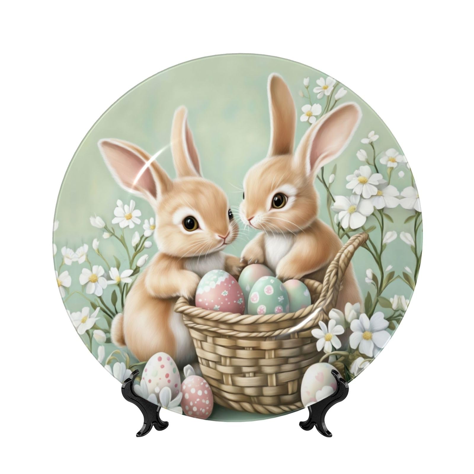 YZILDP Easter Day Ceramic Plate with Display Stand,10 in,Pastel Green Easter Bunny Decorative Plates Easter Wall Hanging Ceramic Craft Decor for Kitchen Dining Room Home