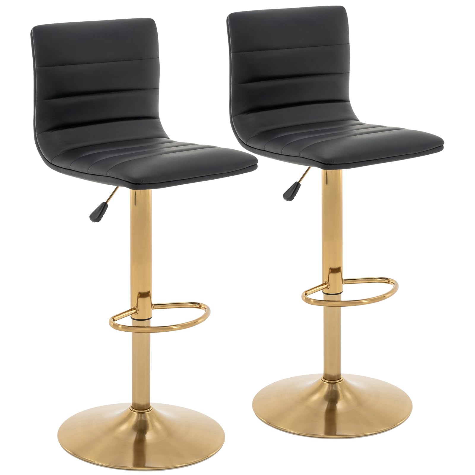 Vogue Furniture Direct PU Leather Bar Stools, Modern Square Adjustable Swivel Barstools with Back, Armless Airlift Counter Height Bar Chairs for Kitchen Dining Set of 2 (Black, Gold Base)