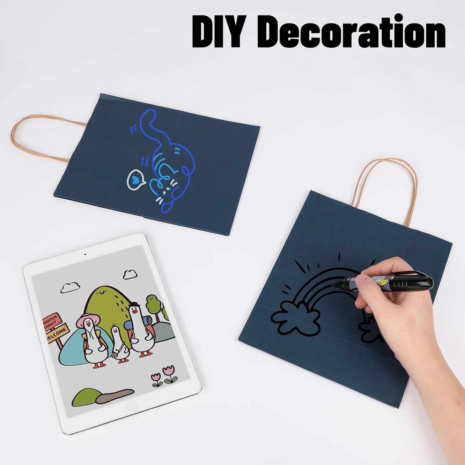 Joybe 50 Pack 8x4.75x10 Inch Medium Navy Blue Kraft Paper Bags with Handles Bulk, Craft Paper Gift Bags for Party Favors Grocery Retail Shopping Business Goody Merchandise Take Out Blank Sacks (50pcs)