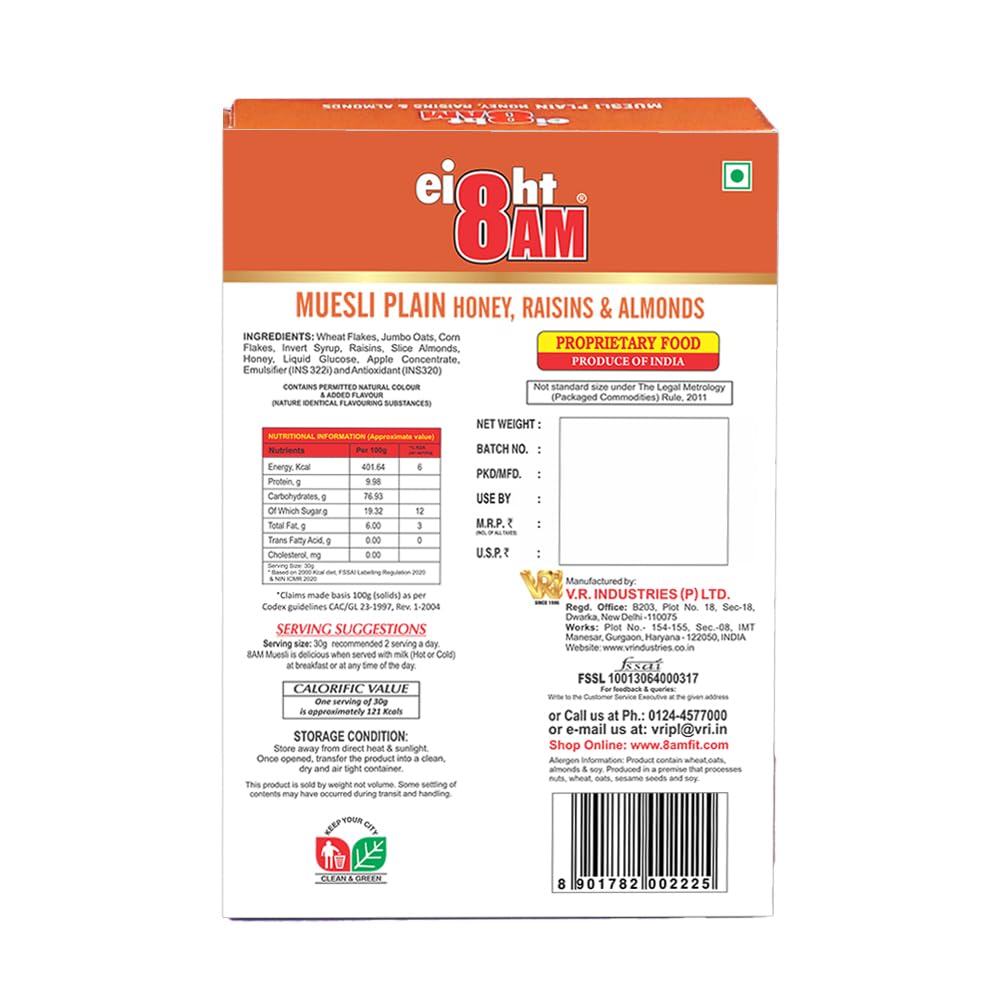 8AM Muesli Honey, Raisins & Almonds, 425 gm(Pack of 2), Sweetened with Natural Honey, Contain Seeds, Dry Fruits, Nuts, Multigrain Breakfast Cereal, Protein & Fiber Rich, Nutritious and Healthy Snacks 1