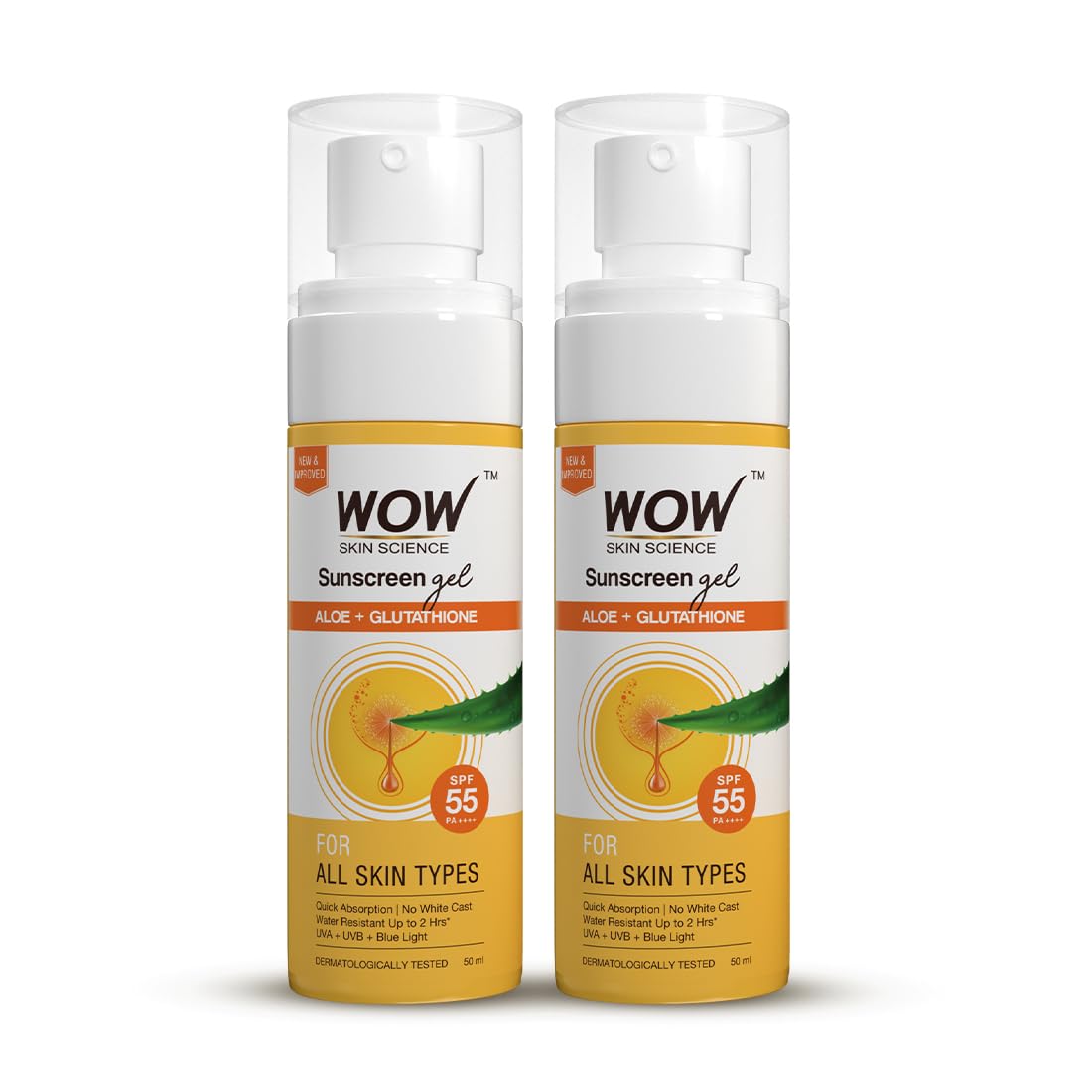 WOW Skin Science Sunscreen Gel For All Skin Types | SPF 55 PA++++ | With Glutathione & Aloe Vera Extract | Lightweight | Quick Absorbing | No White Cast | UVA & UVB Protection | 50 ml | Pack of 2