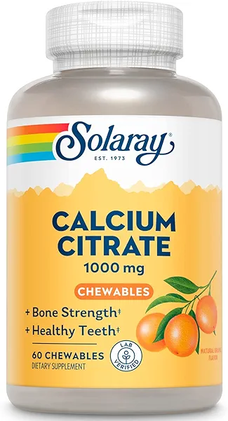 Solaray Calcium Citrate 1000 mg, Natural Orange Flavor Chelated Calcium Supplement for Bone Strength, Teeth, Nerve, Muscle, and Heart Function Support, 60-Day Guarantee, 15 Servings, 60 Chewables