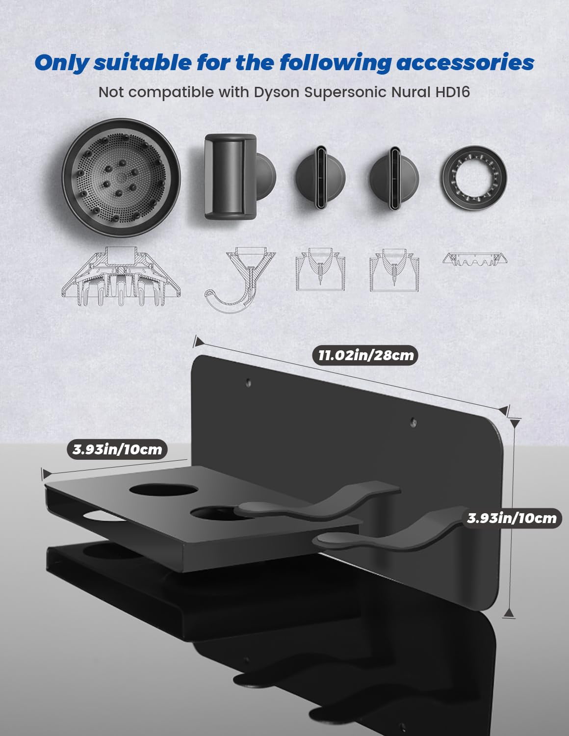 Porta Phone Bagno da Muro, Porta Phon da Muro, Porta Asciugacapelli da Parete Compatibile con Dyson Supersonic, Hair Dryer Holder Contenere Fino a 5 Bocchette per Asciugacapelli(Nero)