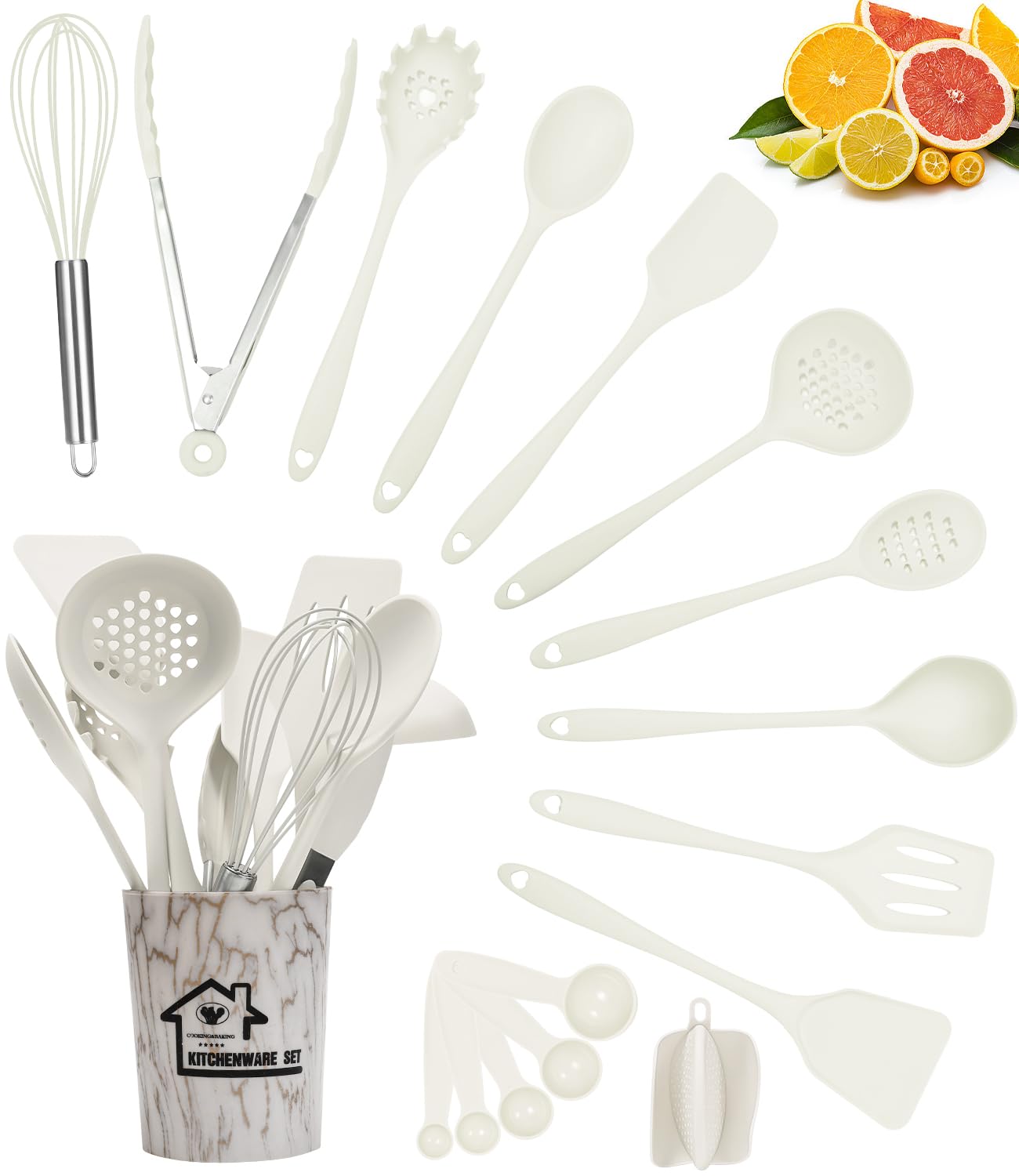 18 Piezas Utensilios Cocina de Silicona, Resistente al Calor Antiadherente, Juego de Utensilios de Cocina de Silicona,Apto para lavavajillas (White)