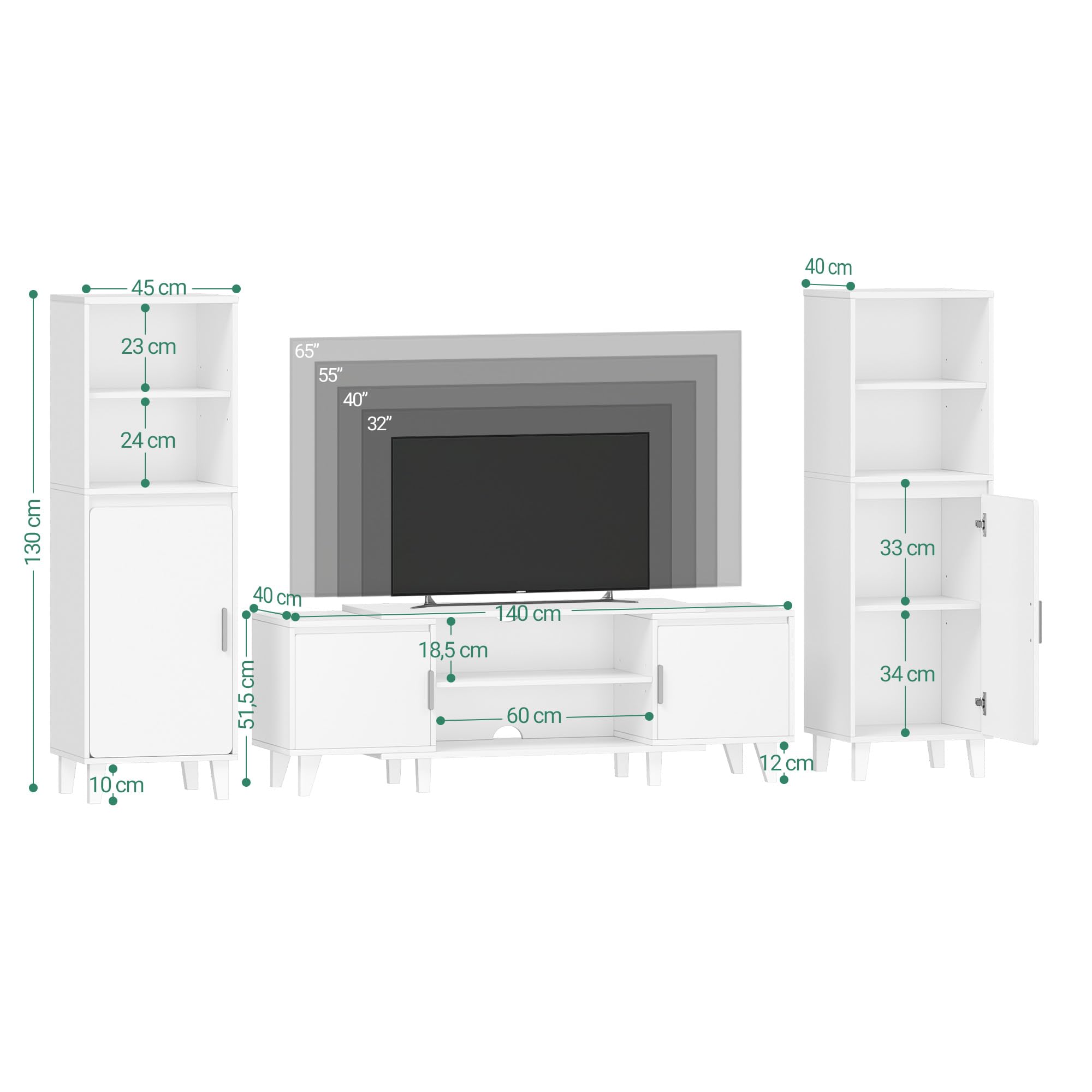Hzuaneri Wohnwand, 3-teiliges TV Möbel Set mit 1 TV-Lowboard und 2 Freistehenden Schränken, Modernes Mediamöbel Set mit Großem Stauraum für Wohnzimmer, Weiß TV00103W