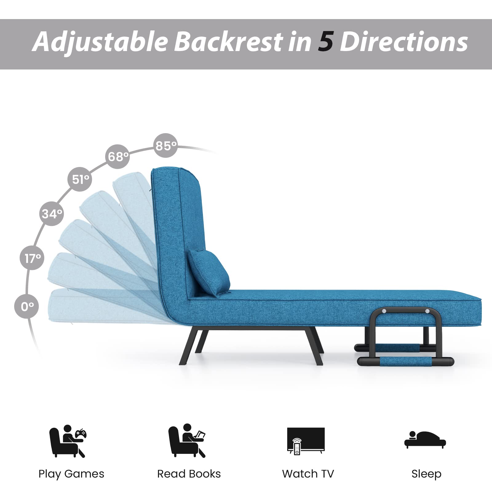 LIFEZEAL Sillón reclinable Plegable, sillón reclinable Multifuncional con Respaldo Ajustable en 5 Posiciones, sofá Cama Lounge con cojín, sofá para Casas pequeñas, Piso, Oficina, hasta 150kg (Azul)