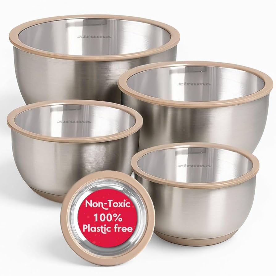 Ziruma Non-Toxic Mixing Bowls with Lids Set, Stainless Steel & Glass, 5 Pcs Plastic Free Bowls with Silicone Non-Slip Base, Dishwasher Safe Mixing Bowl Set