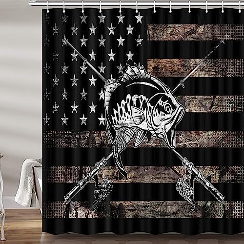 Country American Flag Fishing Shower Curtain Set, Rustic