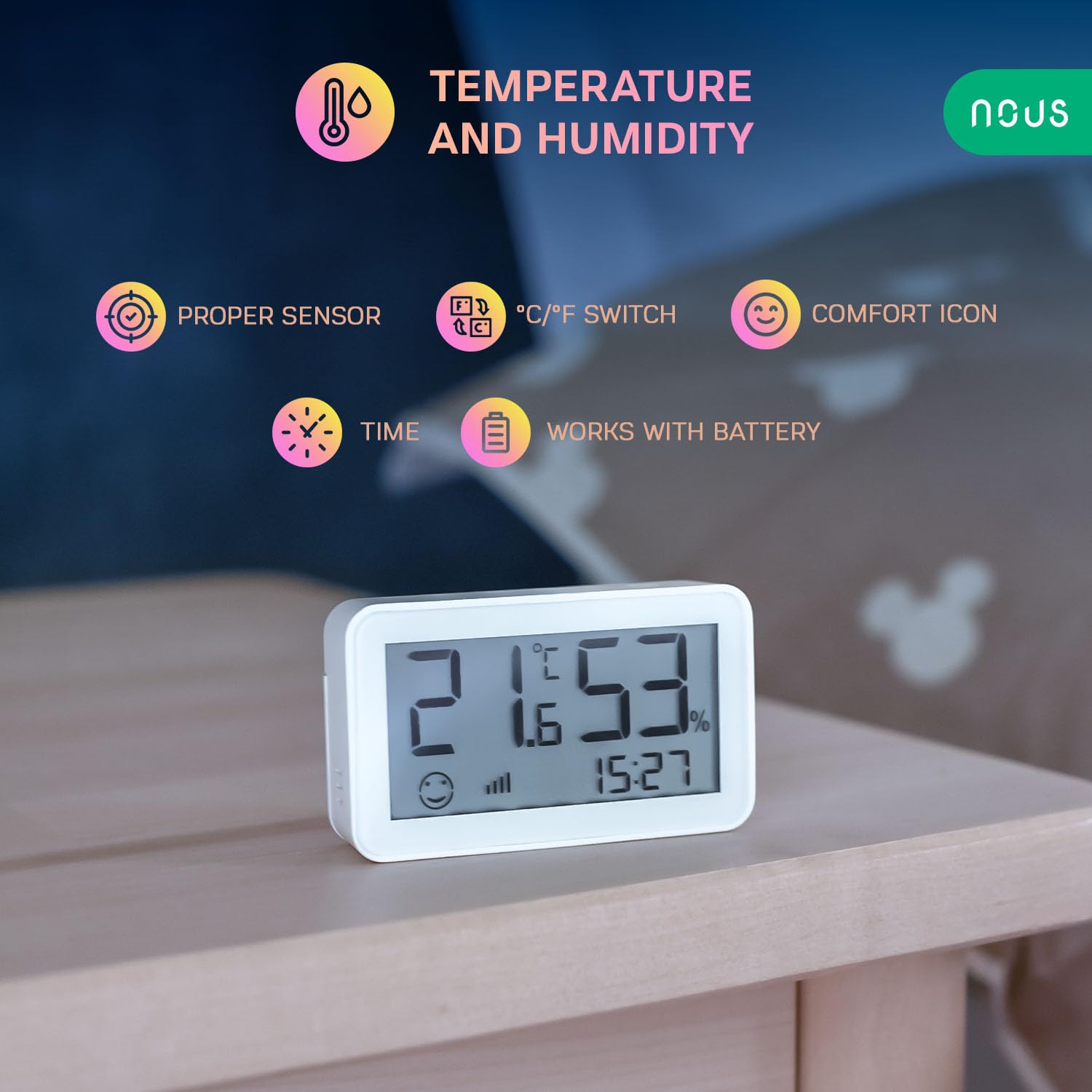 NOUS E6 ZigBee Czujnik temperatury LCD, higrometr Inteligentny termometr cyfrowy Czujnik temperatury Alexa, aplikacja termometru, TUYA smart life, asystent domowy Google, ZigBee2MQTT