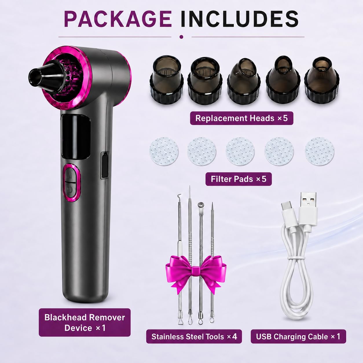 Aspirapolvere riscaldato per la rimozione dei punti neri, con 3 livelli di aspirazione, display a LED, kit per la pulizia dei pori del viso ricaricabile tramite USB, 5 testine e 4 strumenti in acciaio